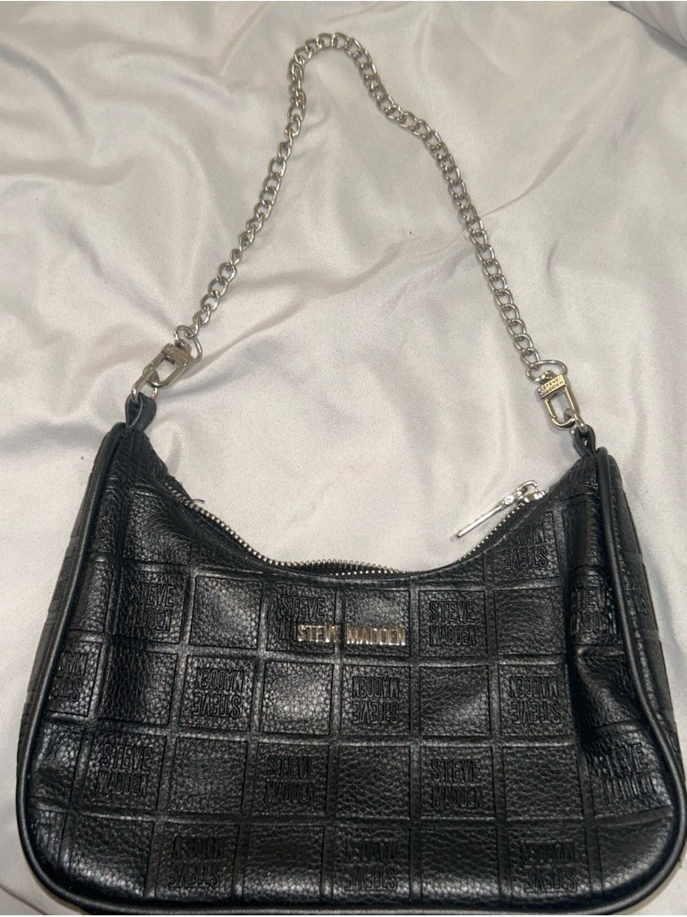 Steve Madden Black Embossed Leather Shoulder Bag with Silver Chain Strap